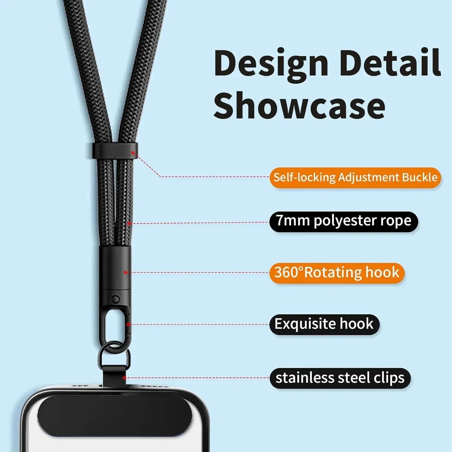 Adjustable Anti-Loss Phone Lanyard Strap – Self-Locking Design with Stainless Steel Clips | Universal Wrist &amp; Neck Rope